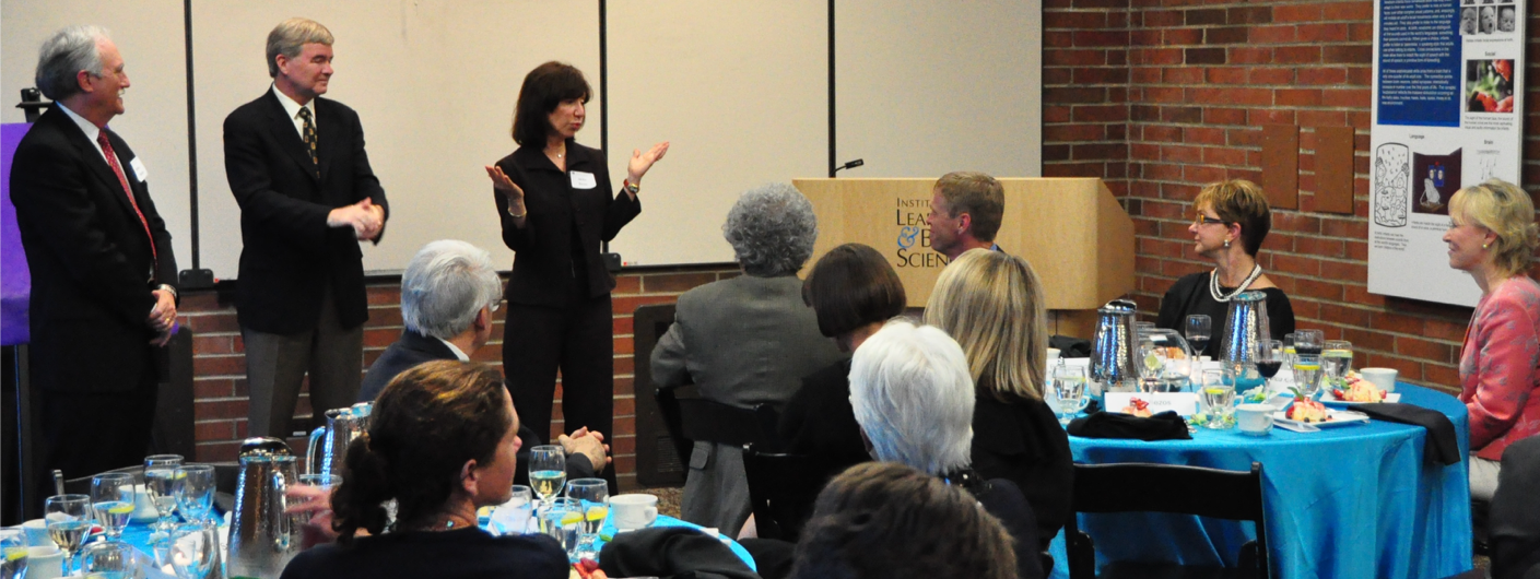 Jackie Bezos introducing the Bezos Family Foundation Endowed Chair in Early Childhood Learning, and the Inaugural holder, Dr. Patricia Kuhl